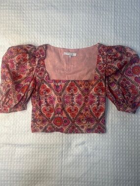 Olivaceous Pink Floral Square-Neck Puff Sleeve Crop Top 100% Cotton